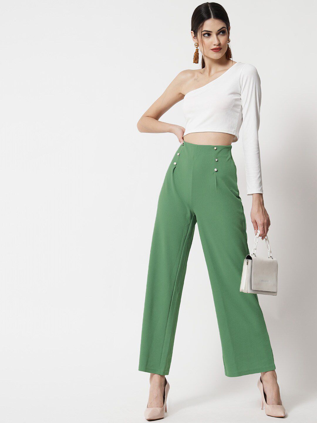Kotty Women Green Relaxed Straight Fit High-Rise Easy Wash Pleated Trousers
