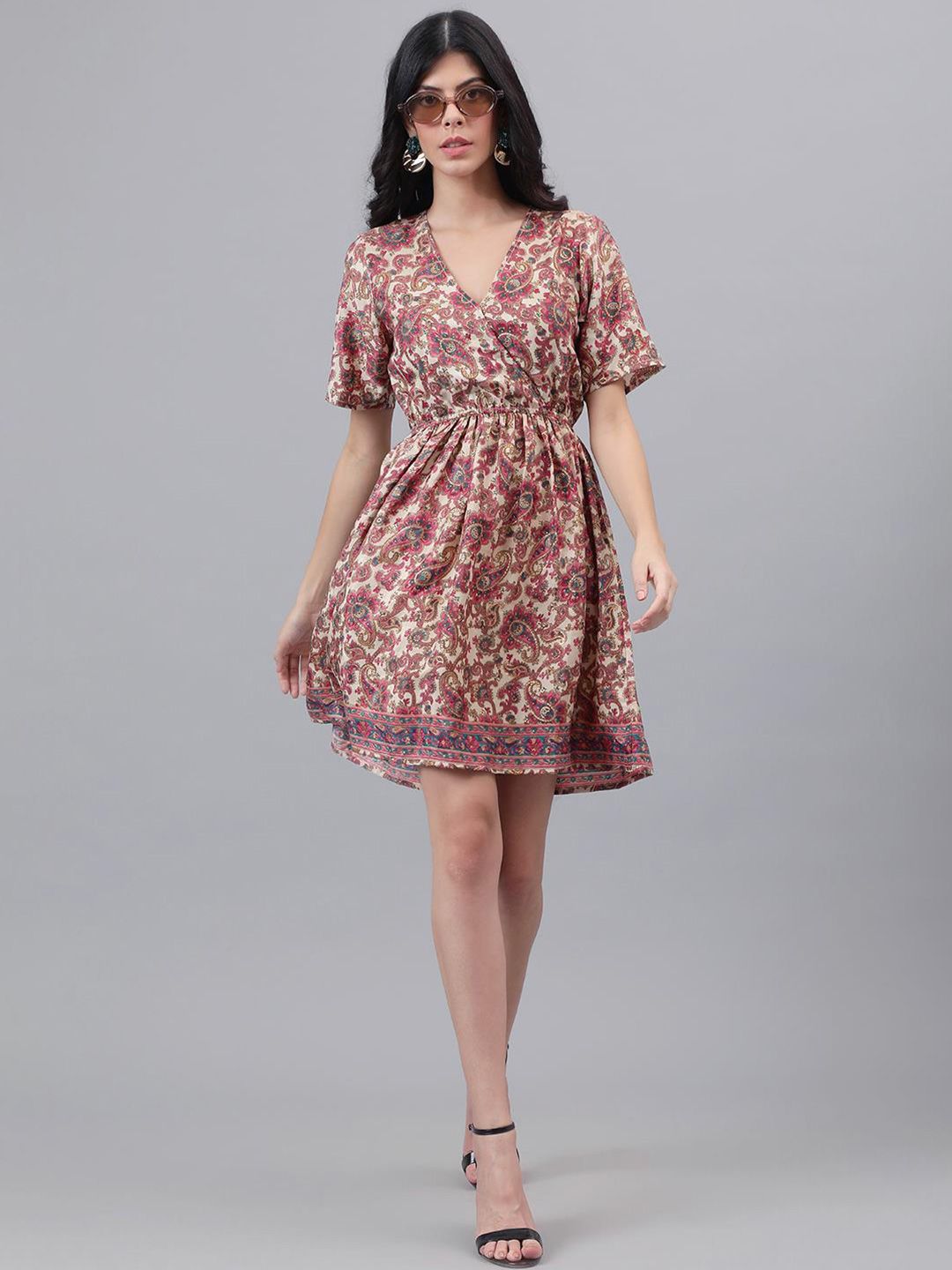 Kotty Brown & Cream Ethnic Motifs Printed Dress