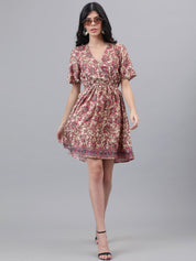 Kotty Brown & Cream Ethnic Motifs Printed Dress
