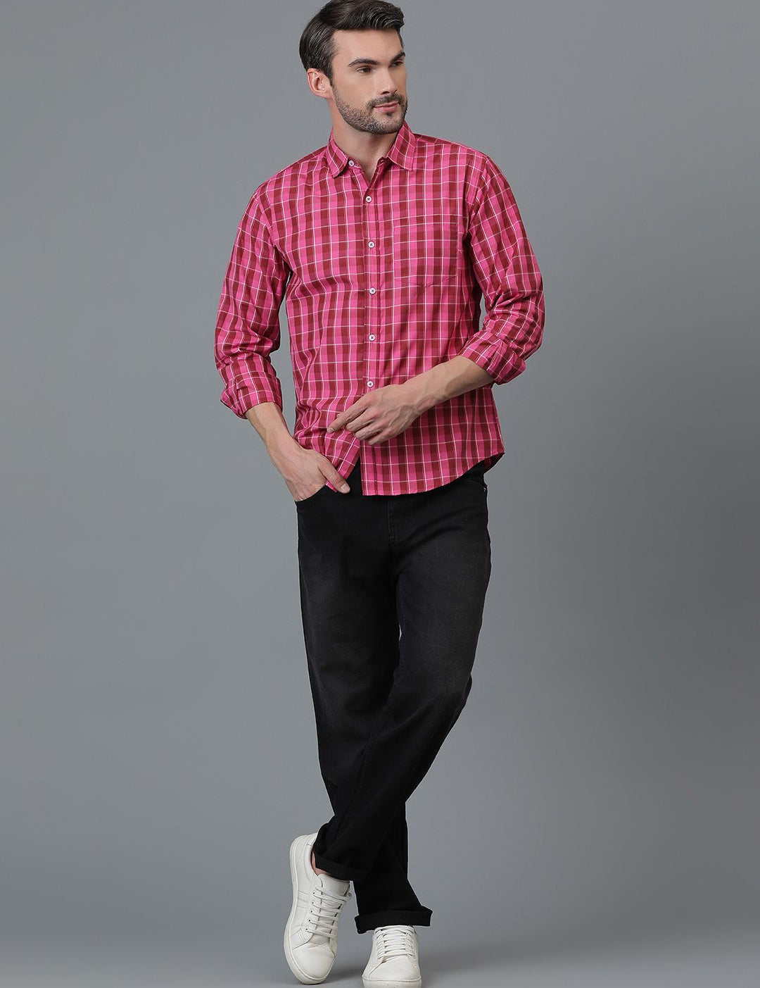 Kotty Pink & Red New Checked Spread Collar Casual Shirt