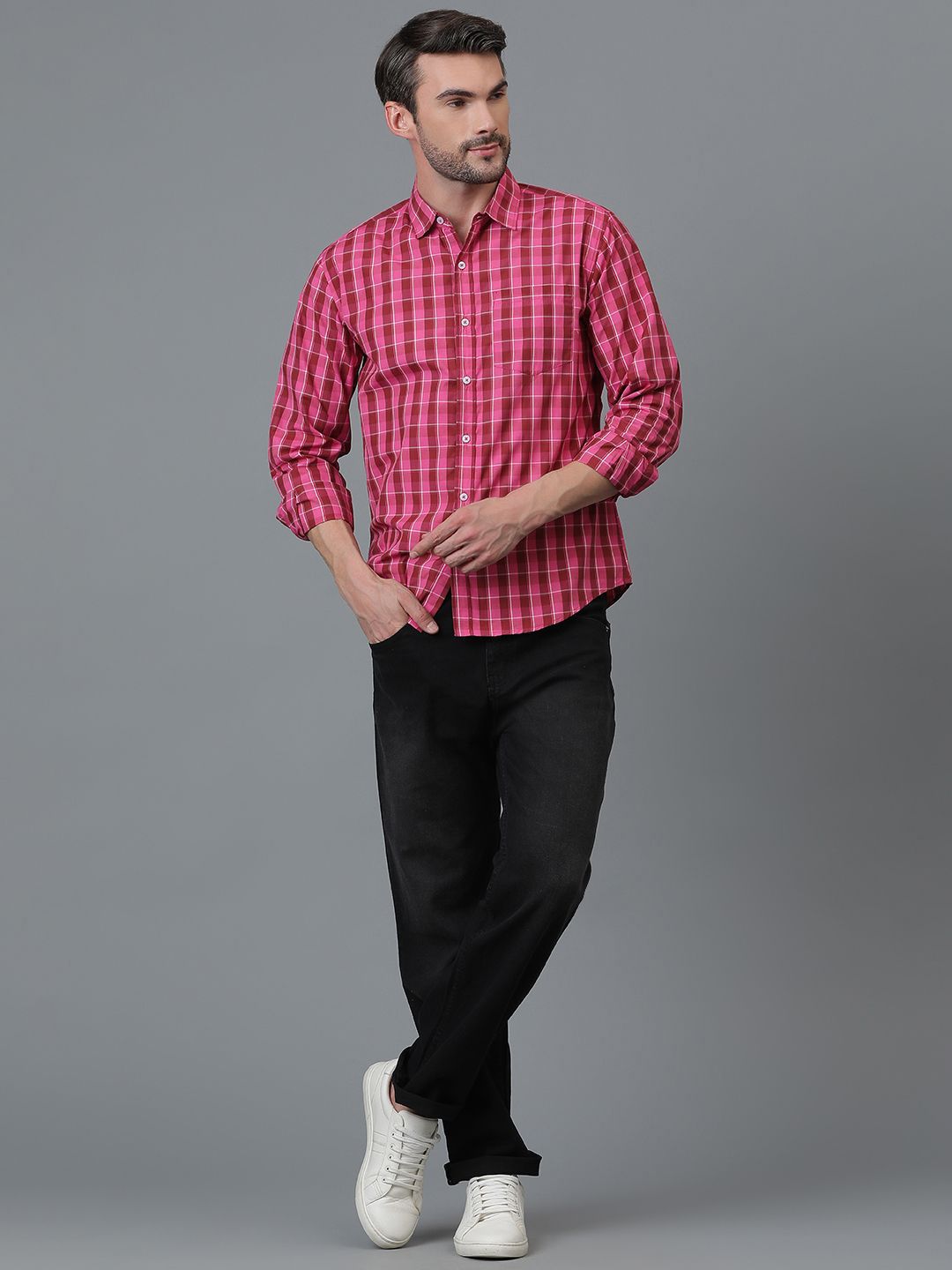Kotty Pink & Red New Checked Spread Collar Casual Shirt