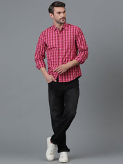 Kotty Pink & Red New Checked Spread Collar Casual Shirt