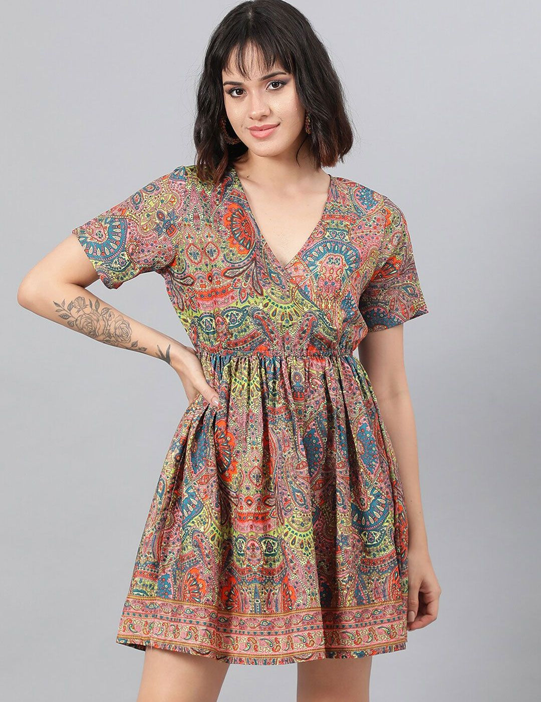 Kotty Pink Ethnic Motif Printed Fit & Flare Mini Dress