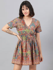 Kotty Pink Ethnic Motif Printed Fit & Flare Mini Dress