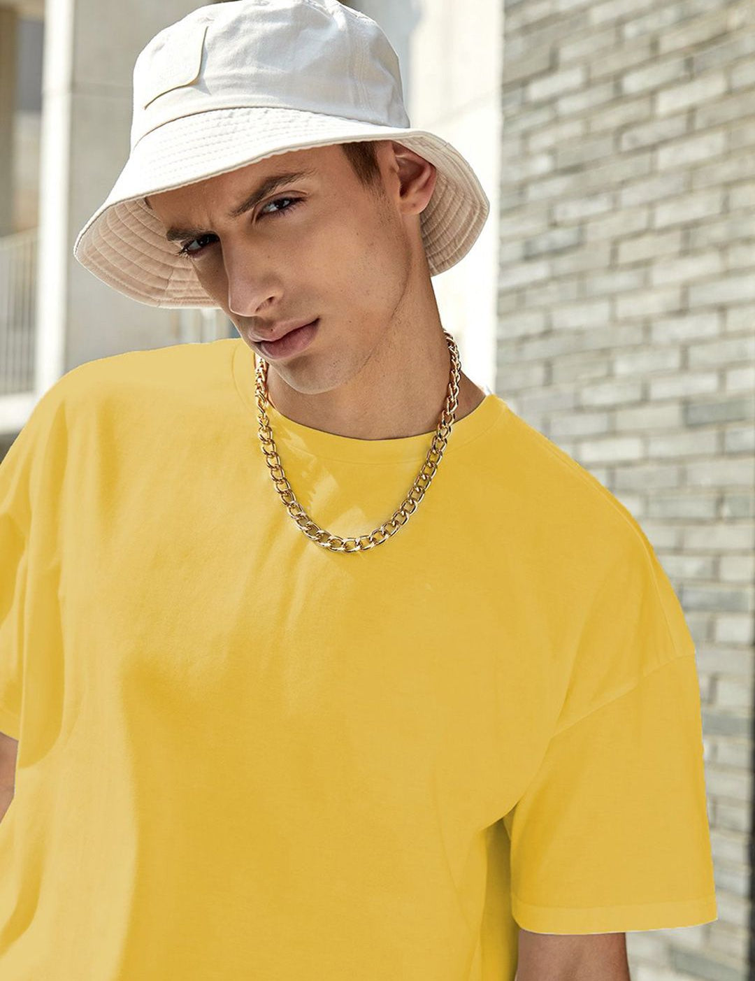 Kotty Yellow Drop-Shoulder Sleeves Oversized Cotton Casual T-Shirt