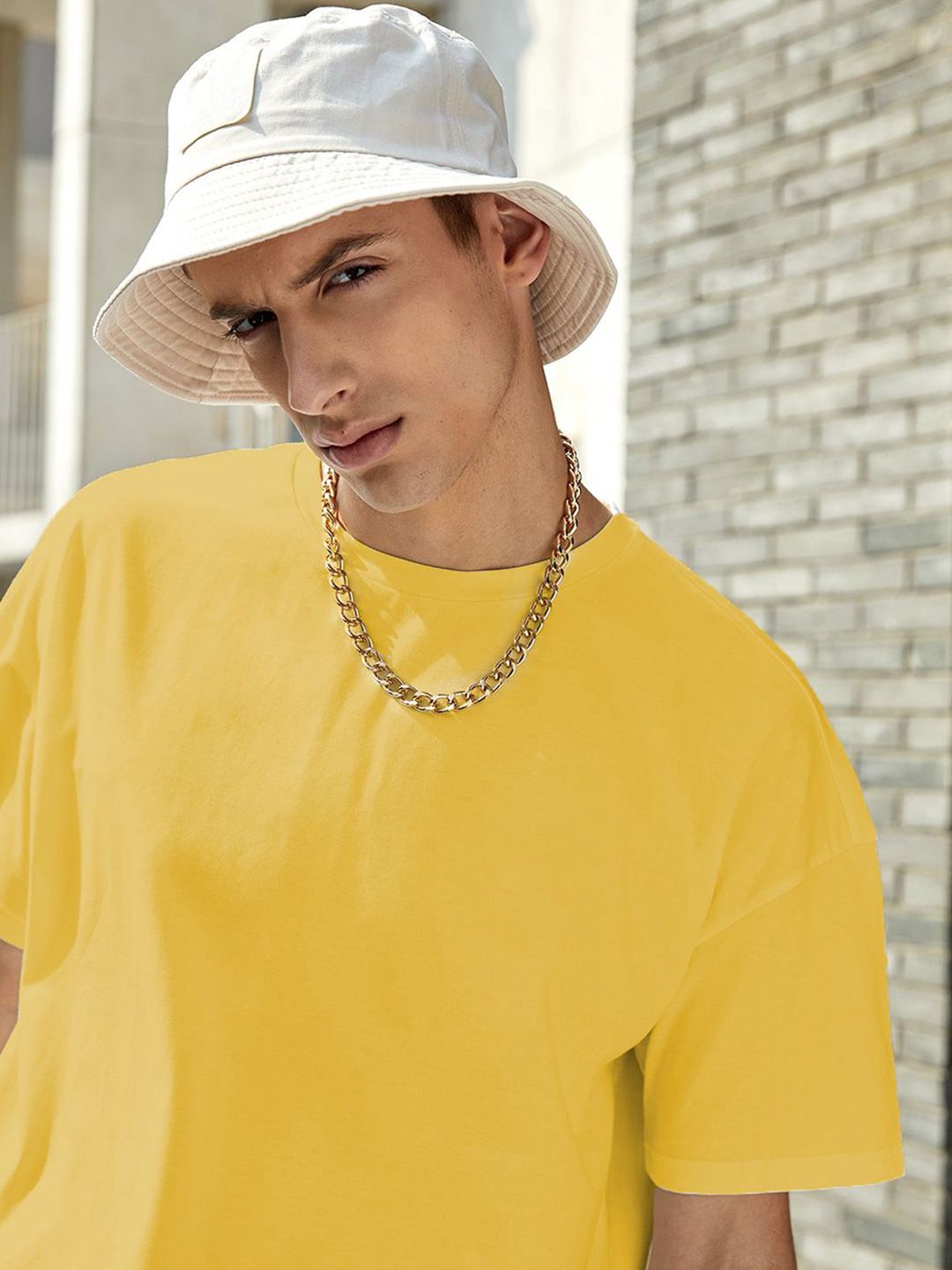 Kotty Yellow Drop-Shoulder Sleeves Oversized Cotton Casual T-Shirt