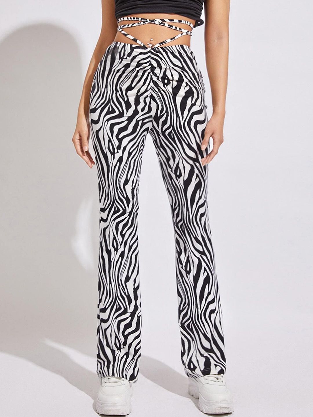 Kotty Women Printed Relaxed Flared High-Rise Easy Wash Bootcut Trousers