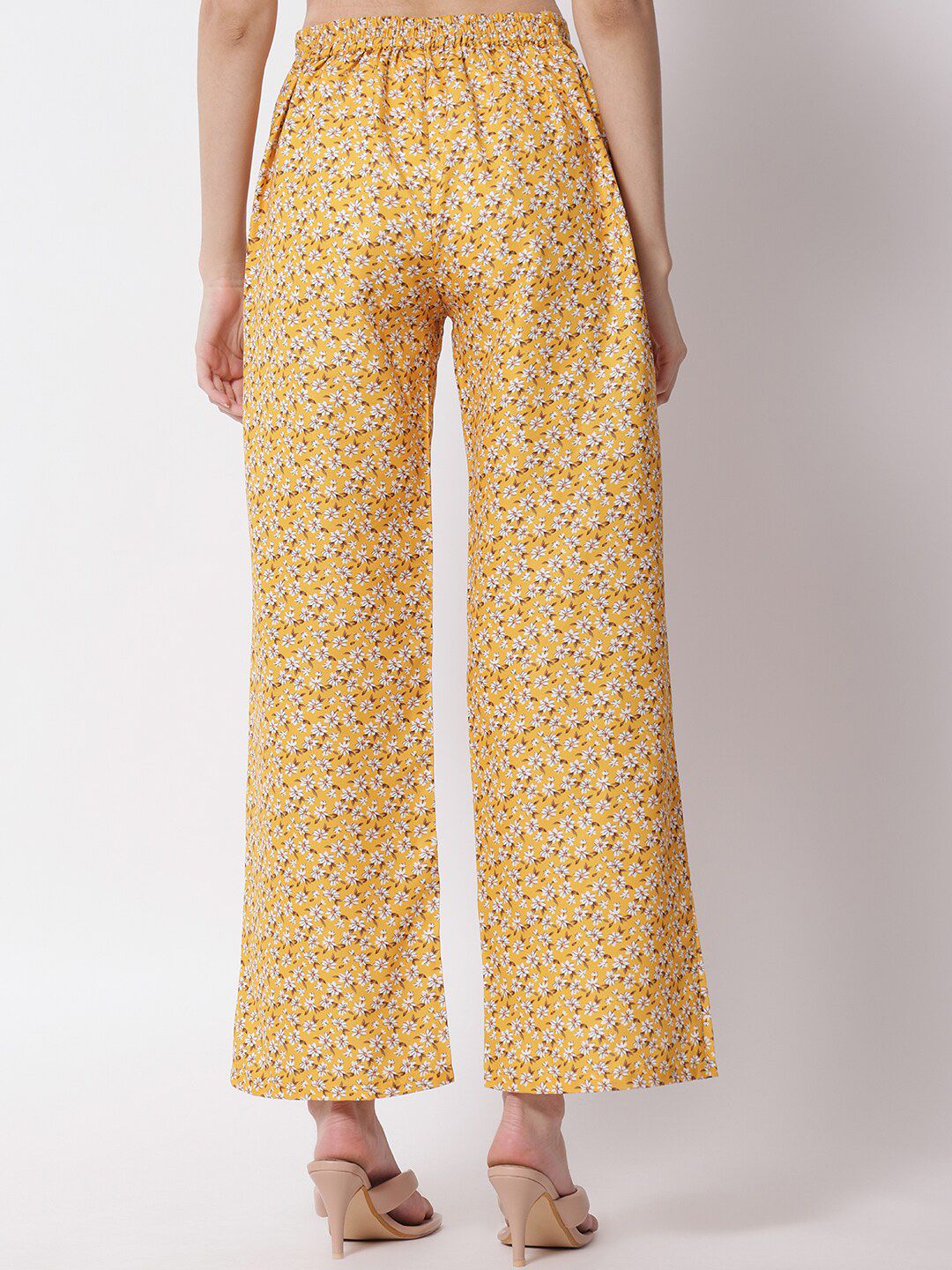 Kotty Women Mustard Yellow Floral Printed Relaxed High-Rise Easy Wash Trousers