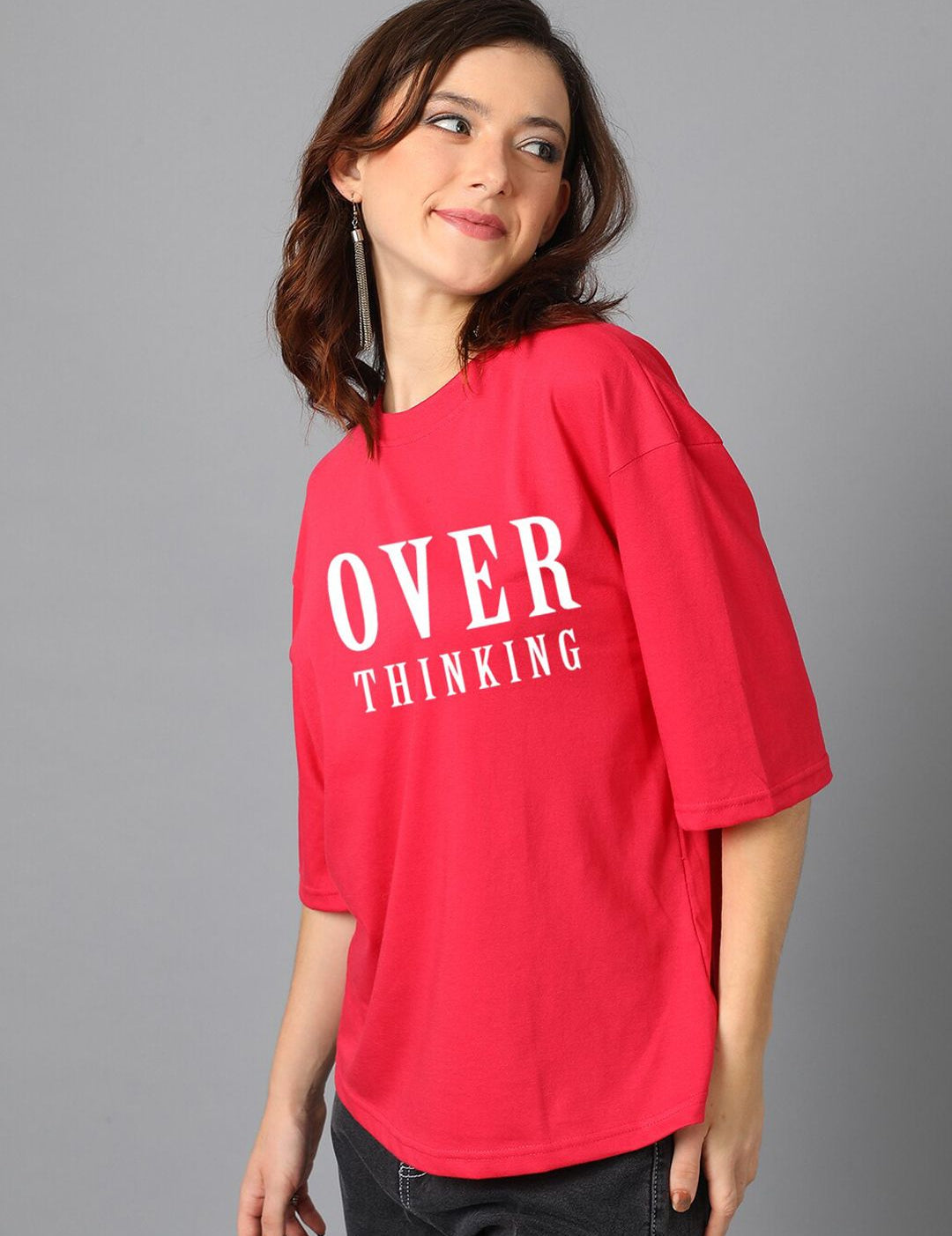Kotty Red Typography Printed Oversized T-shirt