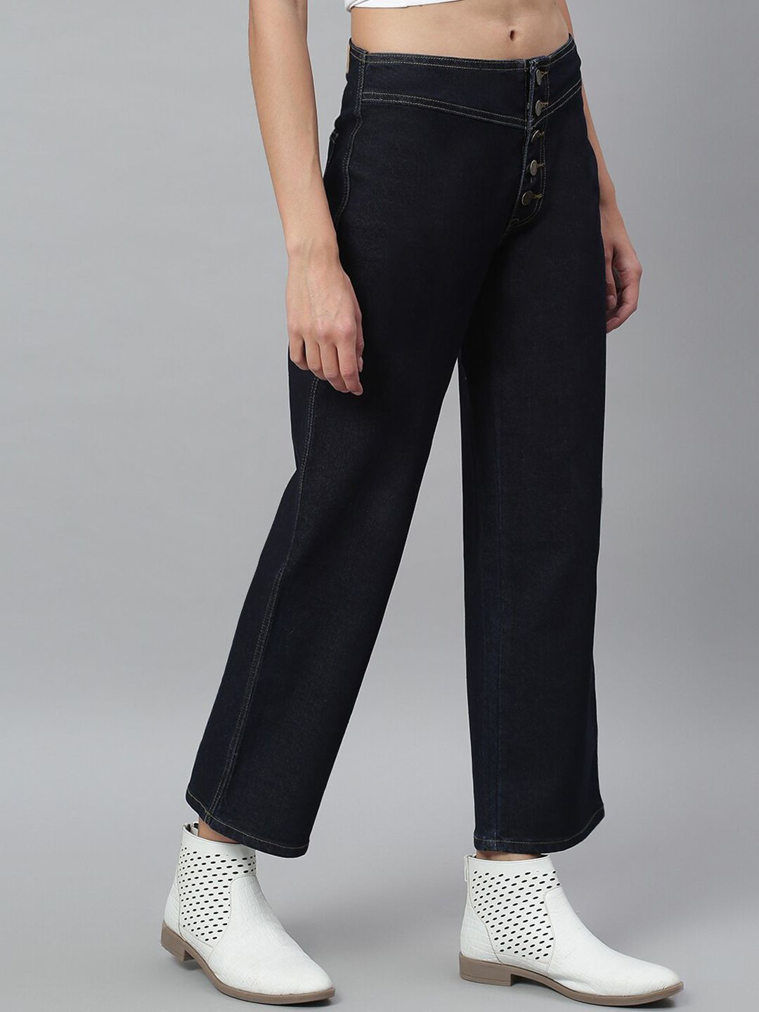 Kotty Women Navy Blue Flared High-Rise Stretchable Cropped Jeans