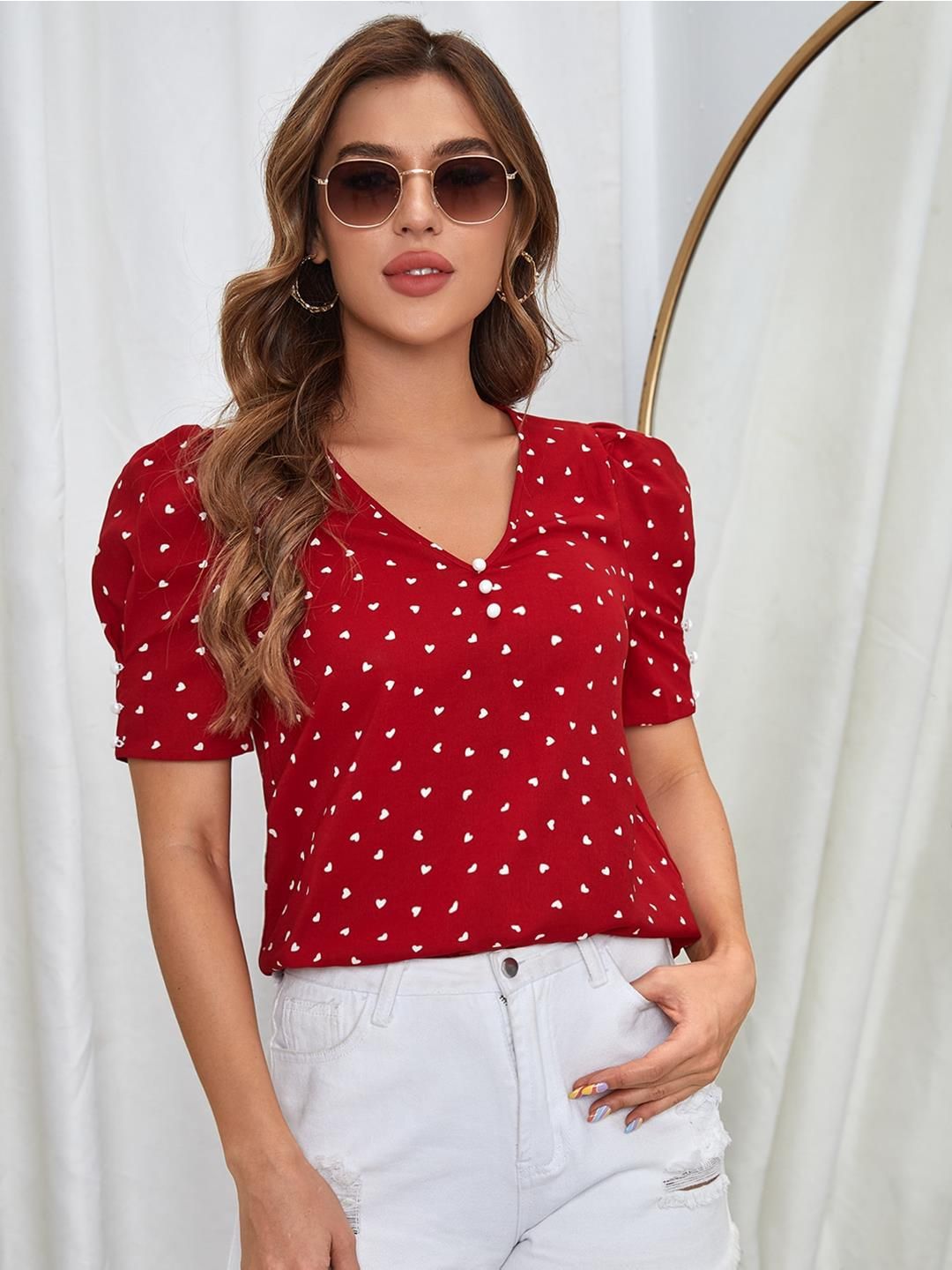 Kotty V-Neck Conversational Printed Cherry Red Top