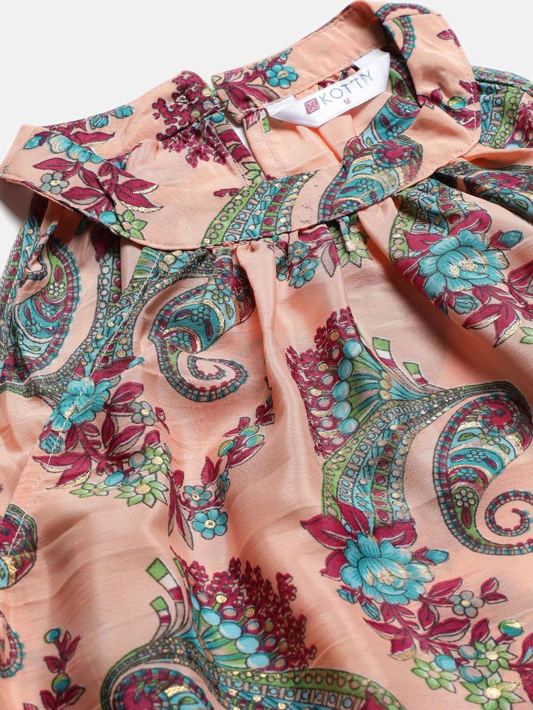 Kotty Orange and Maroon Paisley Printed Choker Neck Tiered Fit & Flare Midi Dress