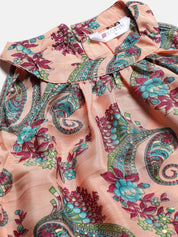 Kotty Orange and Maroon Paisley Printed Choker Neck Tiered Fit & Flare Midi Dress