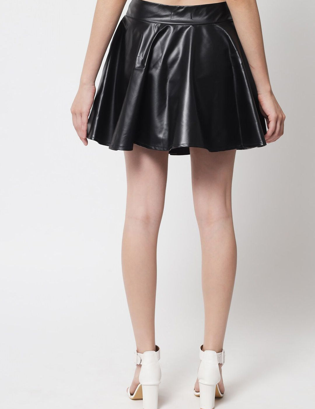 Kotty Women Black Solid Leather Flared Mini Skirts