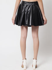 Kotty Women Black Solid Leather Flared Mini Skirts