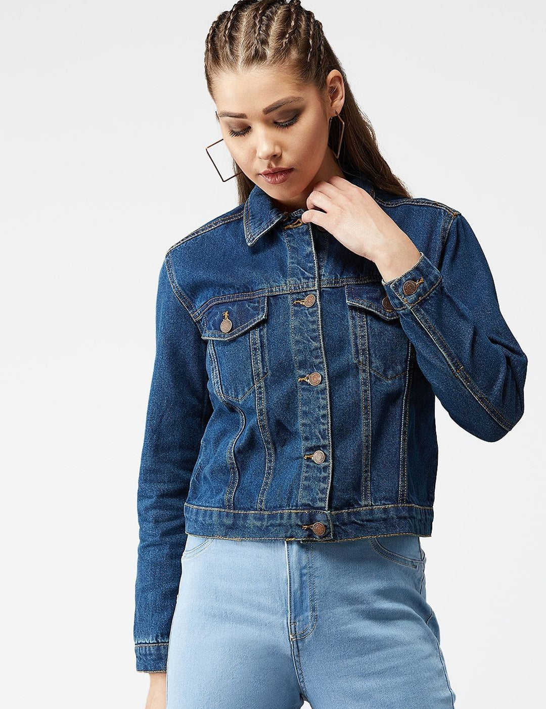 Kotty Women Navy Blue Solid Denim Crop Jacket