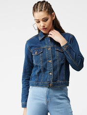 Kotty Women Navy Blue Solid Denim Crop Jacket