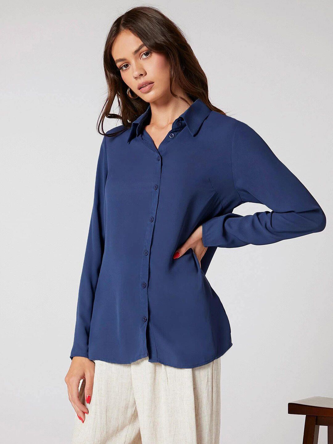 Kotty Navy Blue Modern Spread Collar Casual Shirt