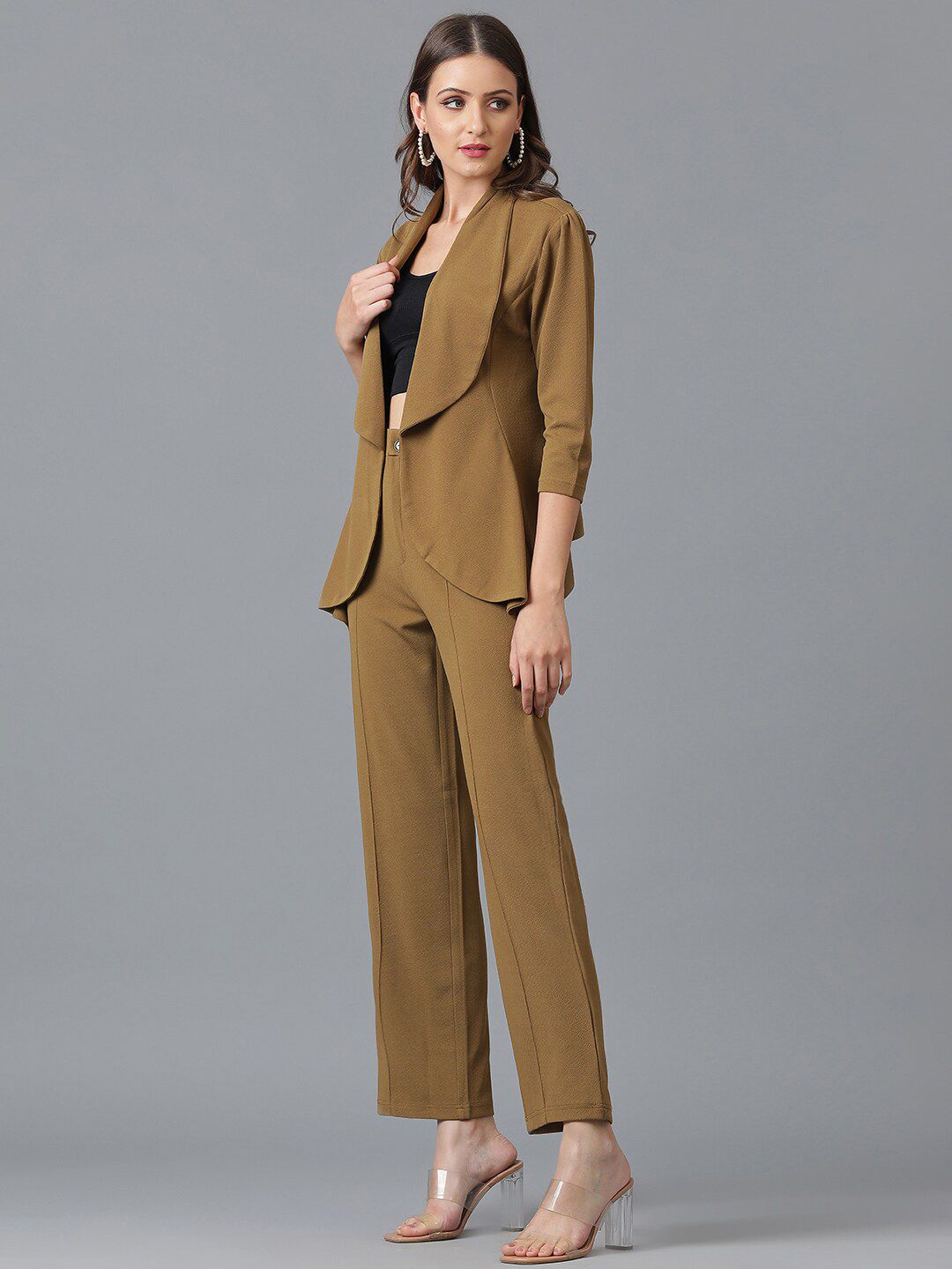 KOTTY BIZwear Brown Shawl Neck Coat With Trousers