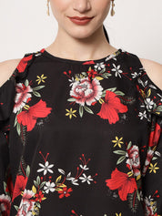 Kotty Round Neck Floral Print Cold-Shoulder Crepe Top