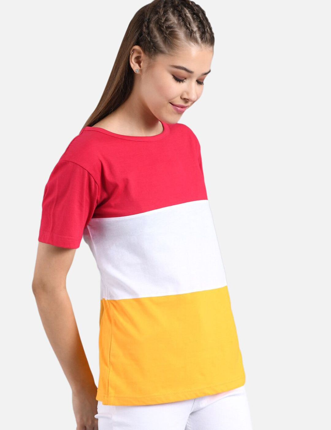 Kotty Women Pink & Yellow Colourblocked Round Neck T-shirt