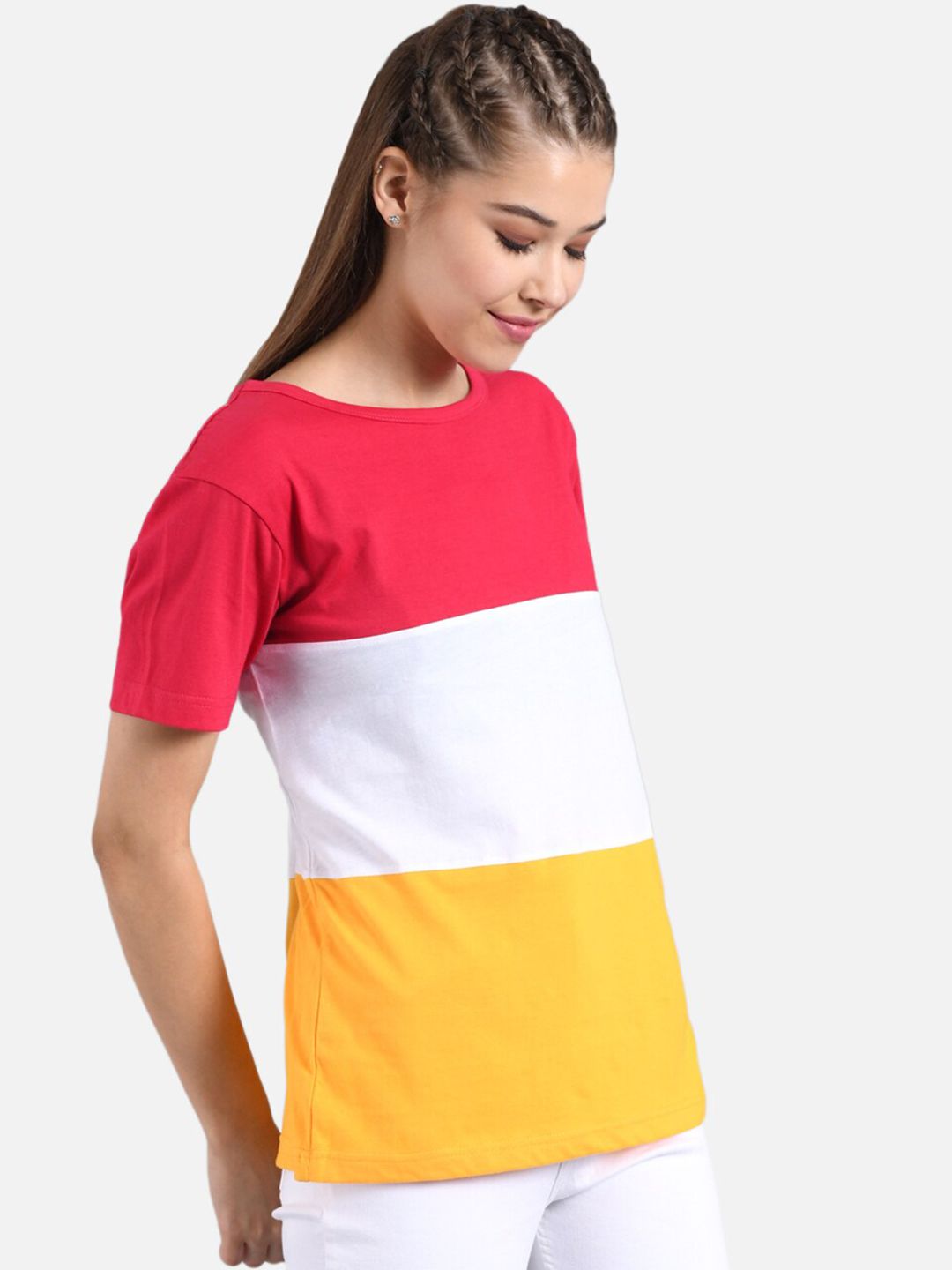 Kotty Women Pink & Yellow Colourblocked Round Neck T-shirt