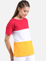 Kotty Women Pink & Yellow Colourblocked Round Neck T-shirt