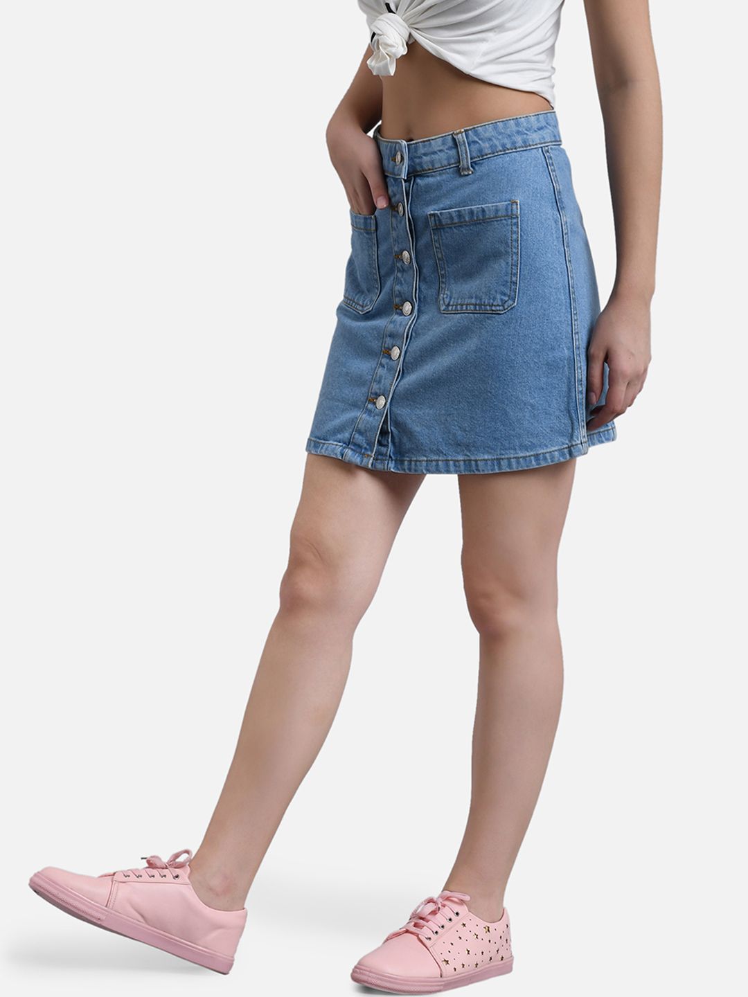 Kotty Women Blue Solid Denim Mini A-Line Skirt