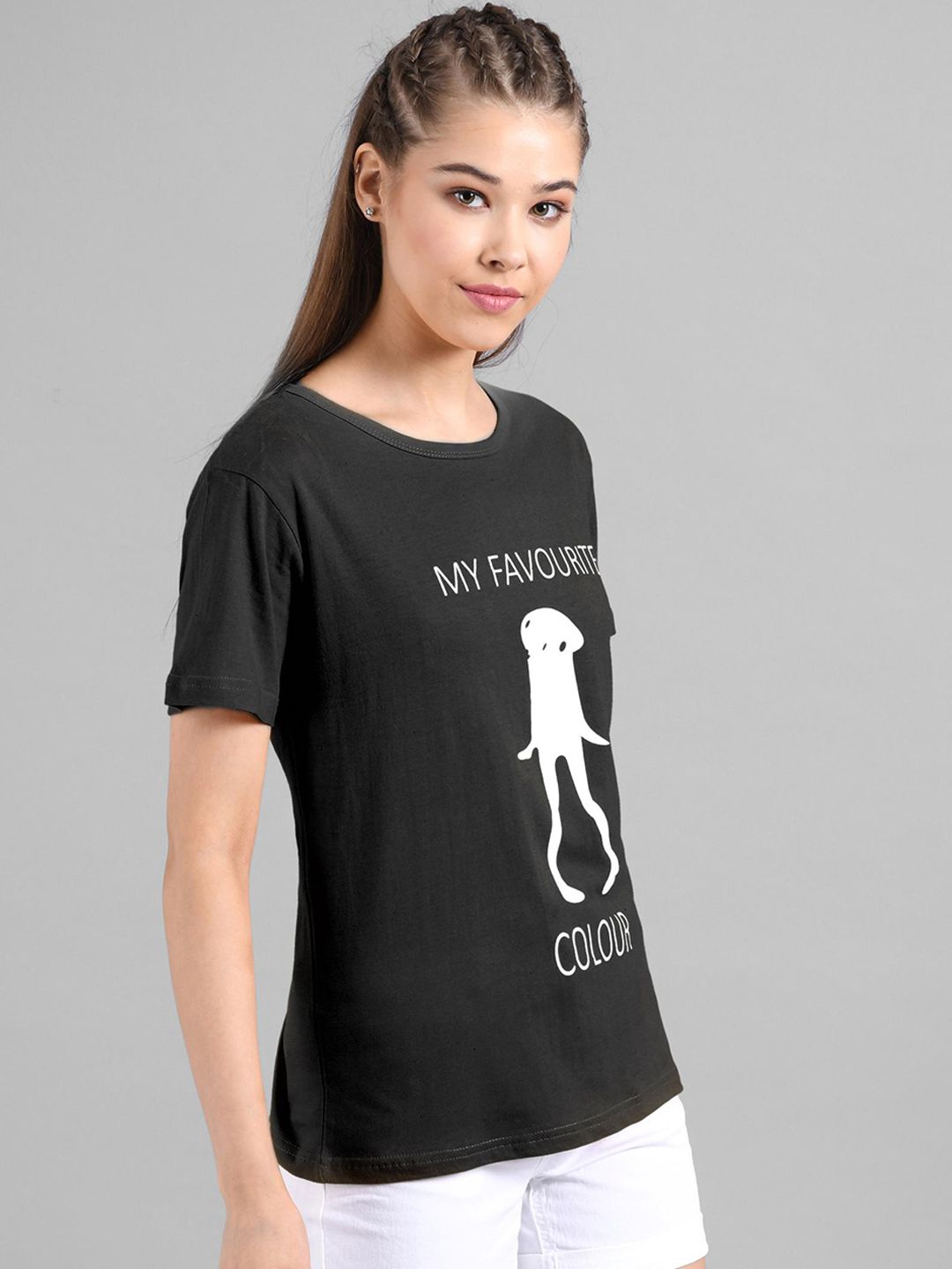 Kotty Women Black & White Printed Round Neck T-shirt