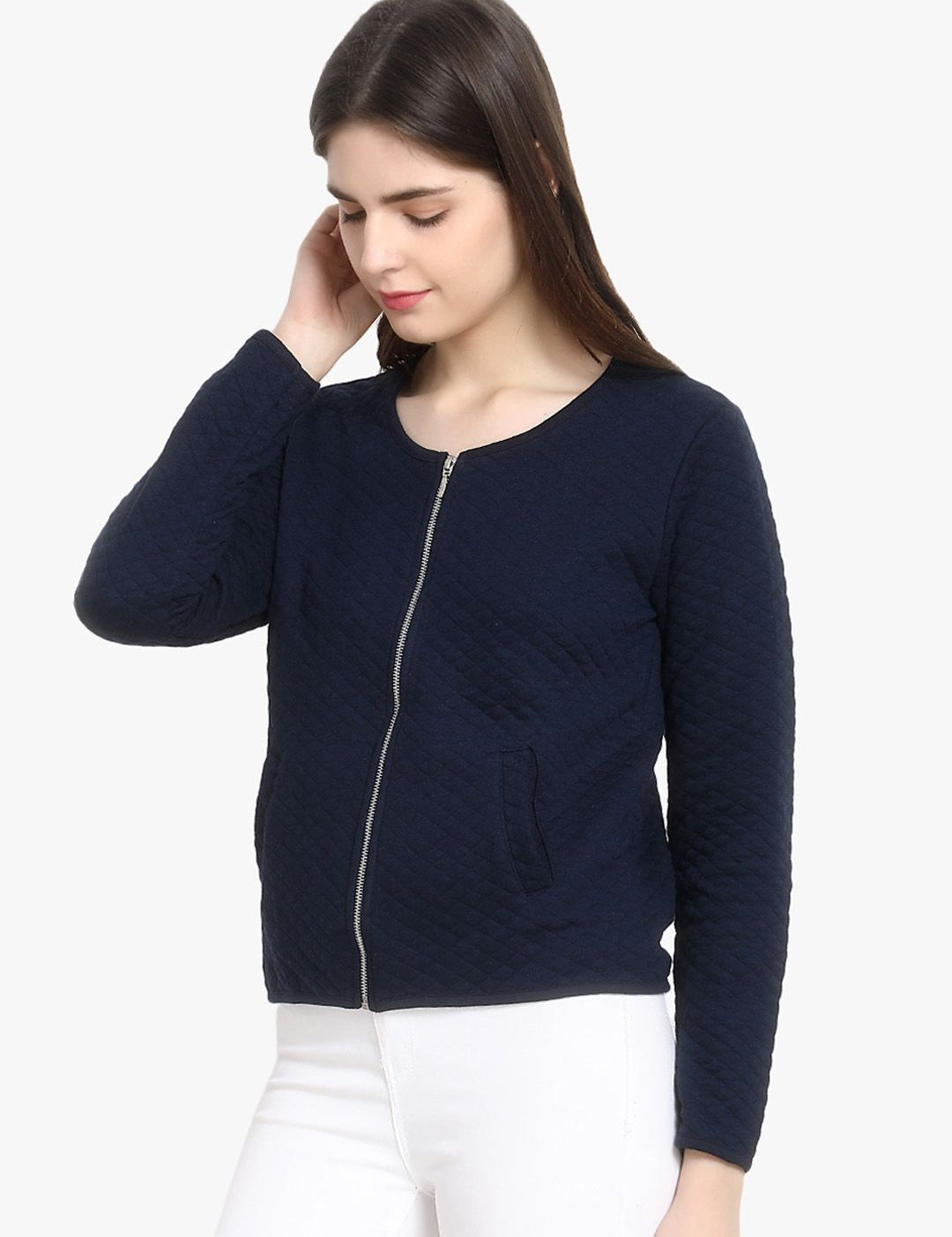 Kotty Women Navy Blue Self Design Lightweight Tailored Jacket