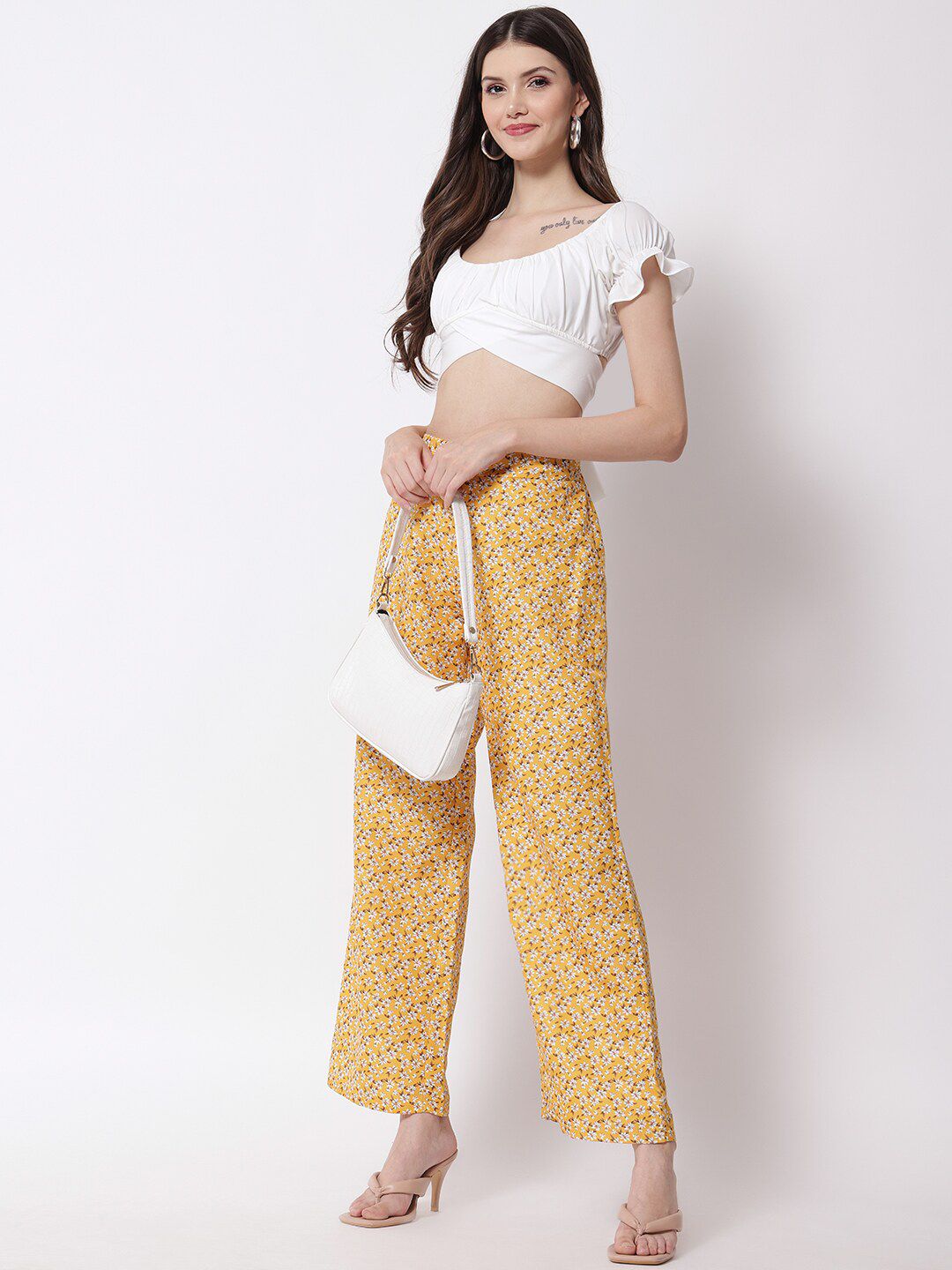 Kotty Women Mustard Yellow Floral Printed Relaxed High-Rise Easy Wash Trousers