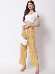 Kotty Women Mustard Yellow Floral Printed Relaxed High-Rise Easy Wash Trousers