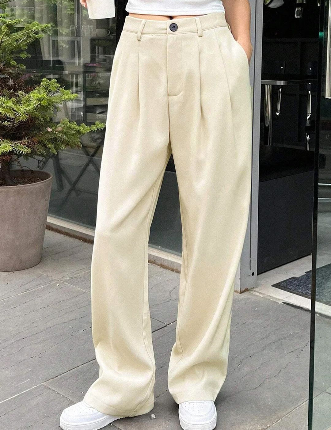 KOTTY BIZwear Women Beige Relaxed Straight Leg Straight Fit High-Rise Easy Wash Pleated Trousers
