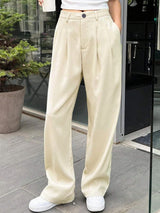 KOTTY BIZwear Women Beige Relaxed Straight Leg Straight Fit High-Rise Easy Wash Pleated Trousers