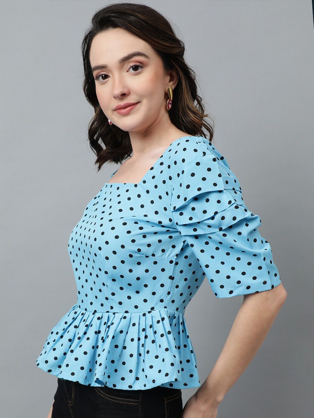 Kotty Blue Polka Dot Printed Crepe Peplum Top