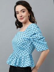 Kotty Blue Polka Dot Printed Crepe Peplum Top