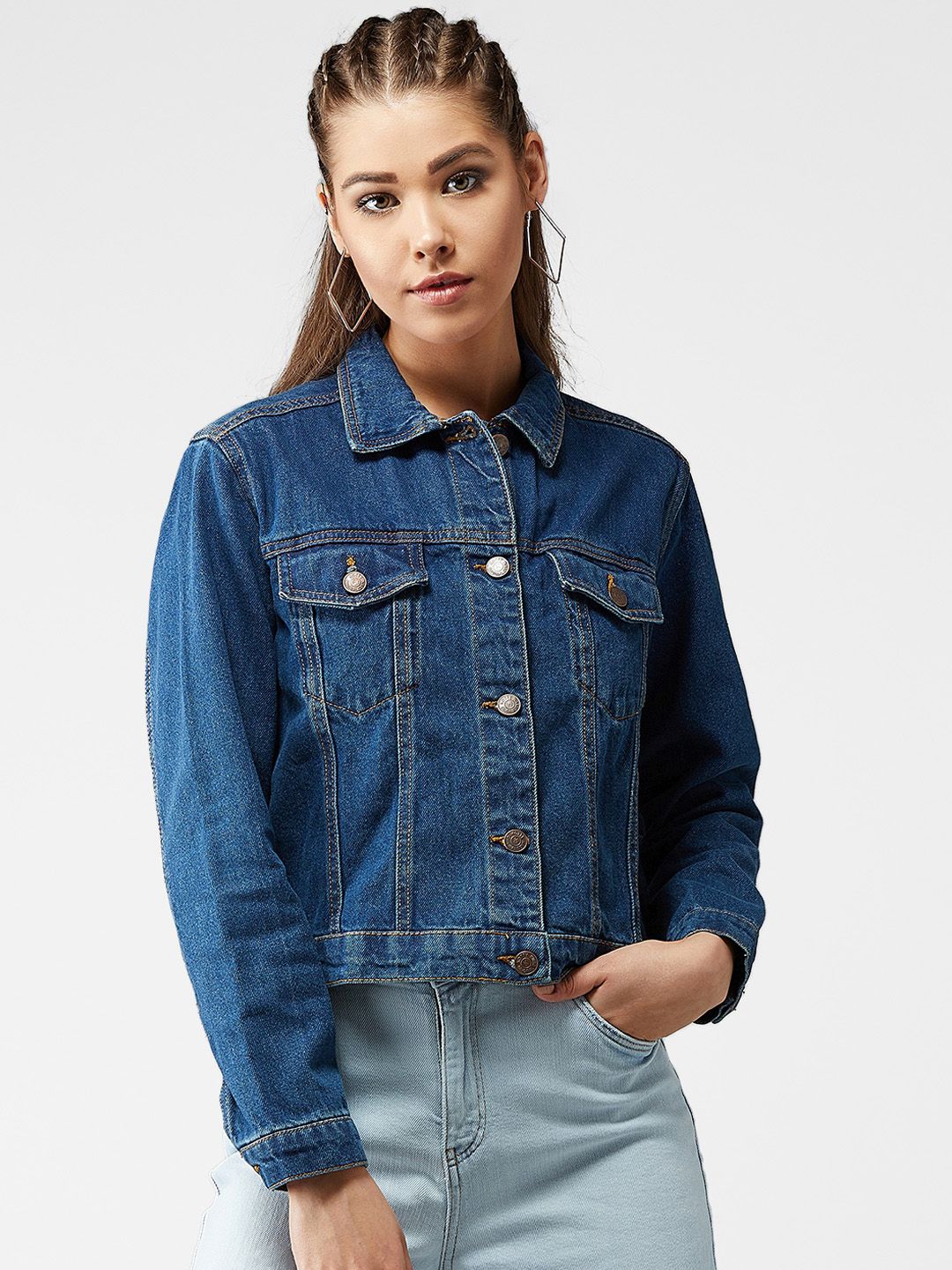 Kotty Women Navy Blue Solid Denim Jacket