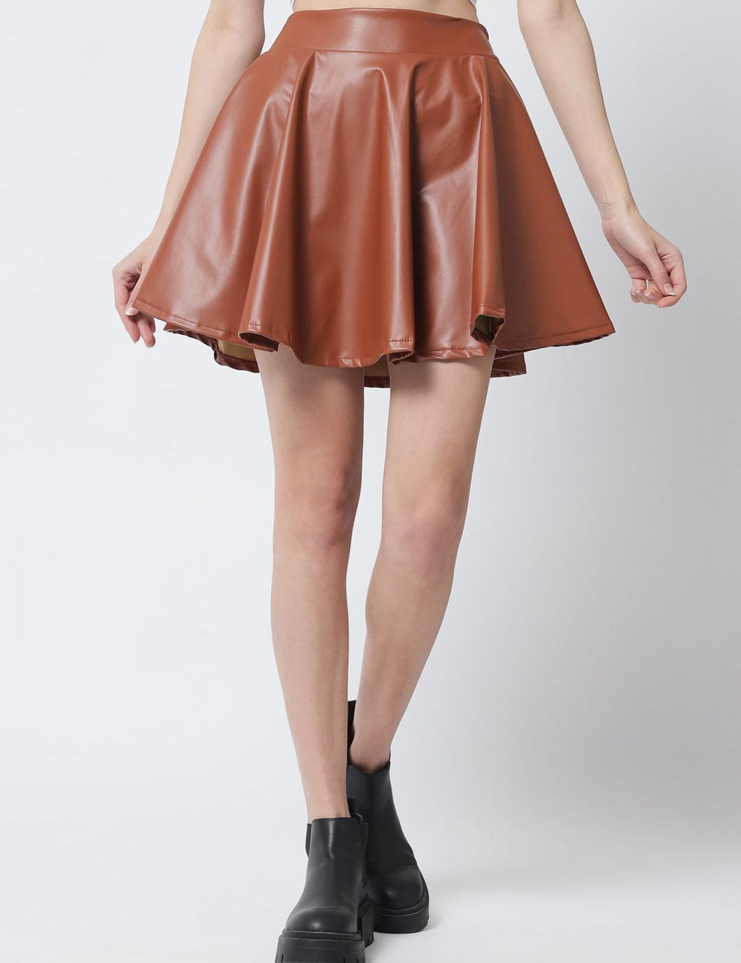 Kotty Women Brown Solid Flared Leather Mini Skirt
