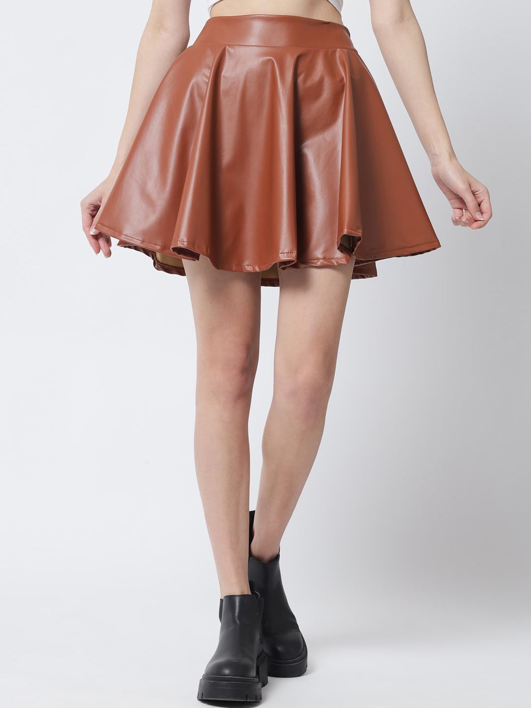 Kotty Women Brown Solid Flared Leather Mini Skirt
