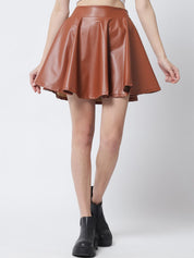 Kotty Women Brown Solid Flared Leather Mini Skirt