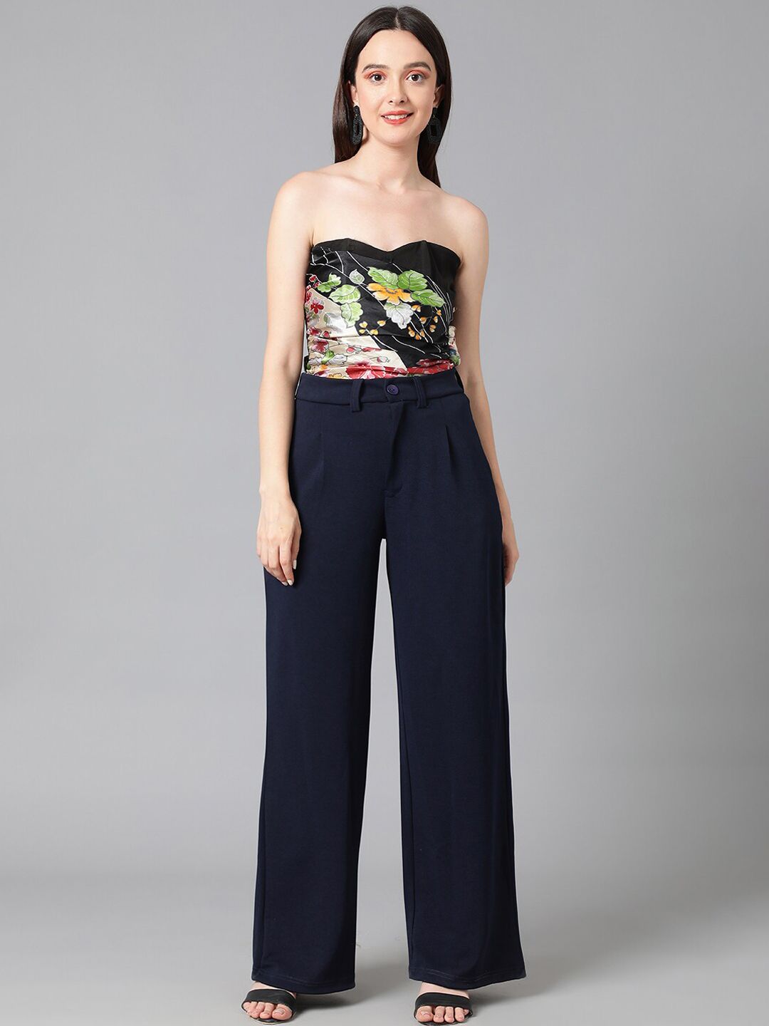 KOTTY BIZwear Women Navy Blue Relaxed Straight Leg  High-Rise Easy Wash Pleated Parallel Trousers