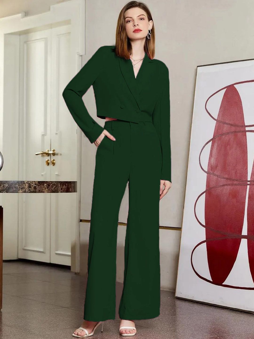 KOTTY BIZwear Green Notched Lapel Collar Top With Trousers