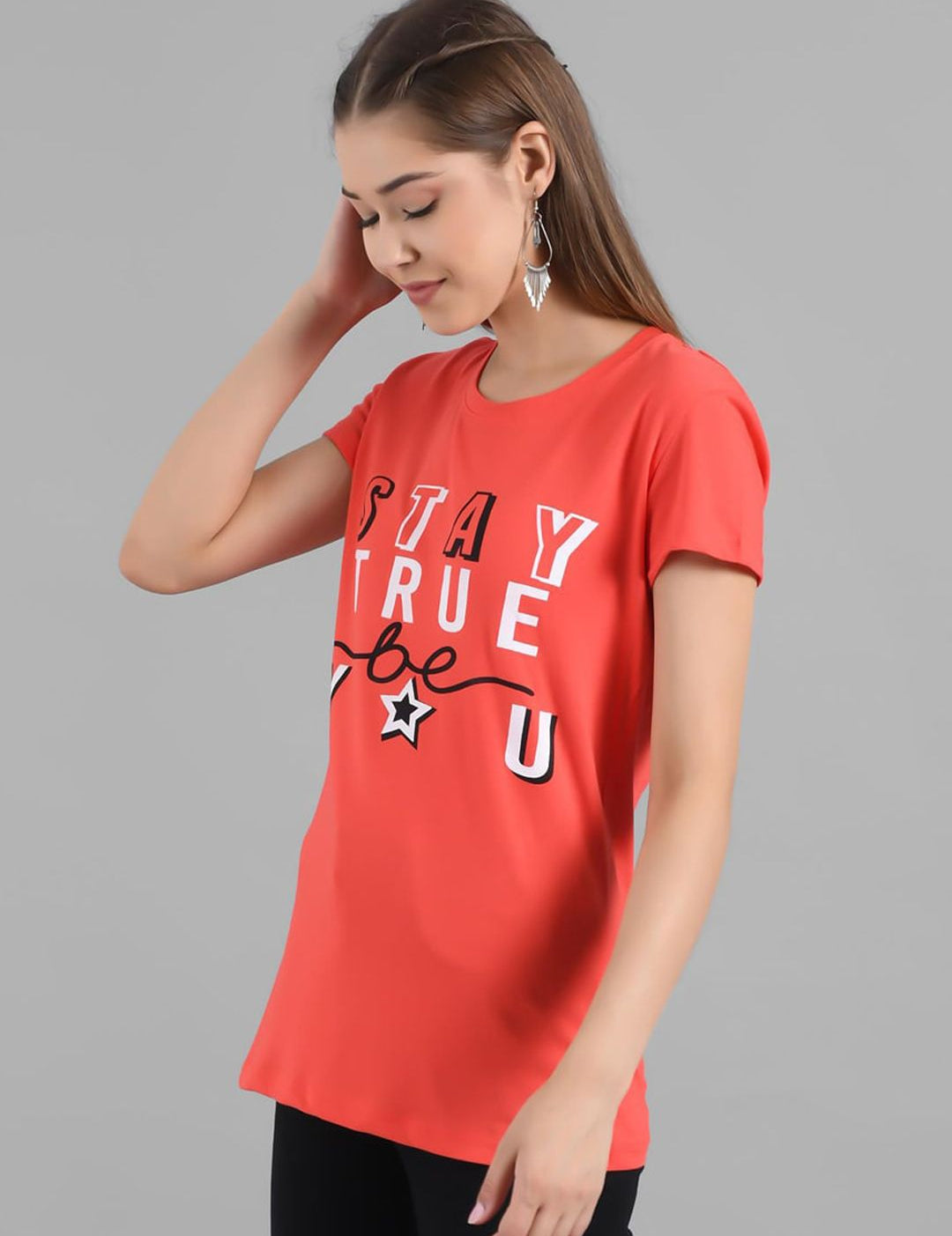 Kotty Women Orange Printed Round Neck Longline T-shirt