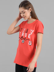 Kotty Women Orange Printed Round Neck Longline T-shirt