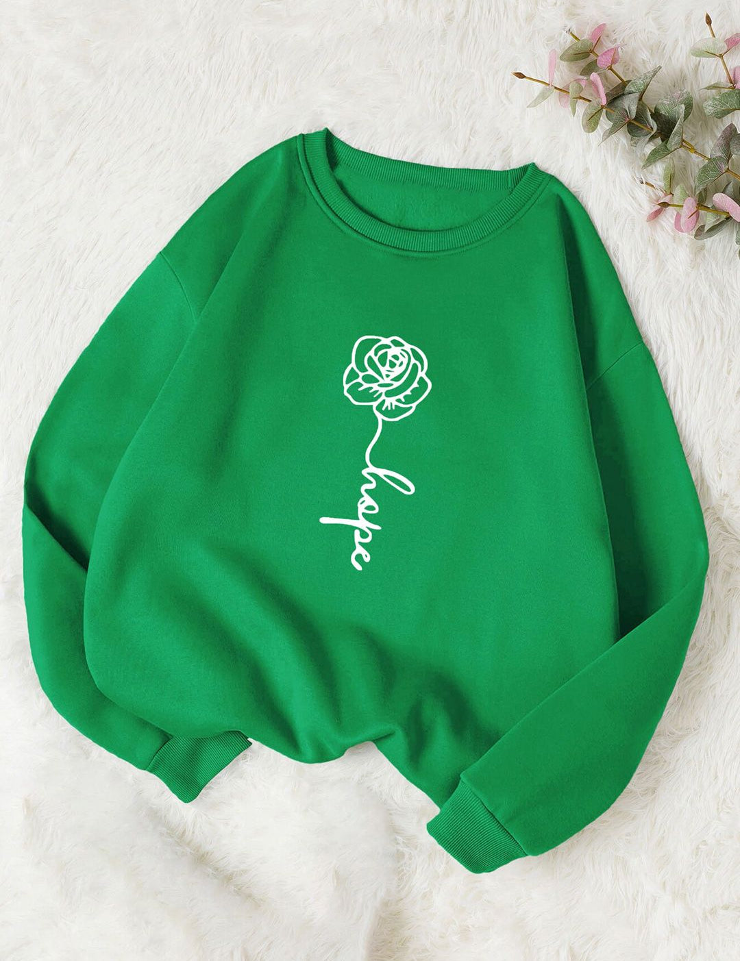 Kotty Green Typography Printed Long Sleeves Fleece Pullover Sweatshirt