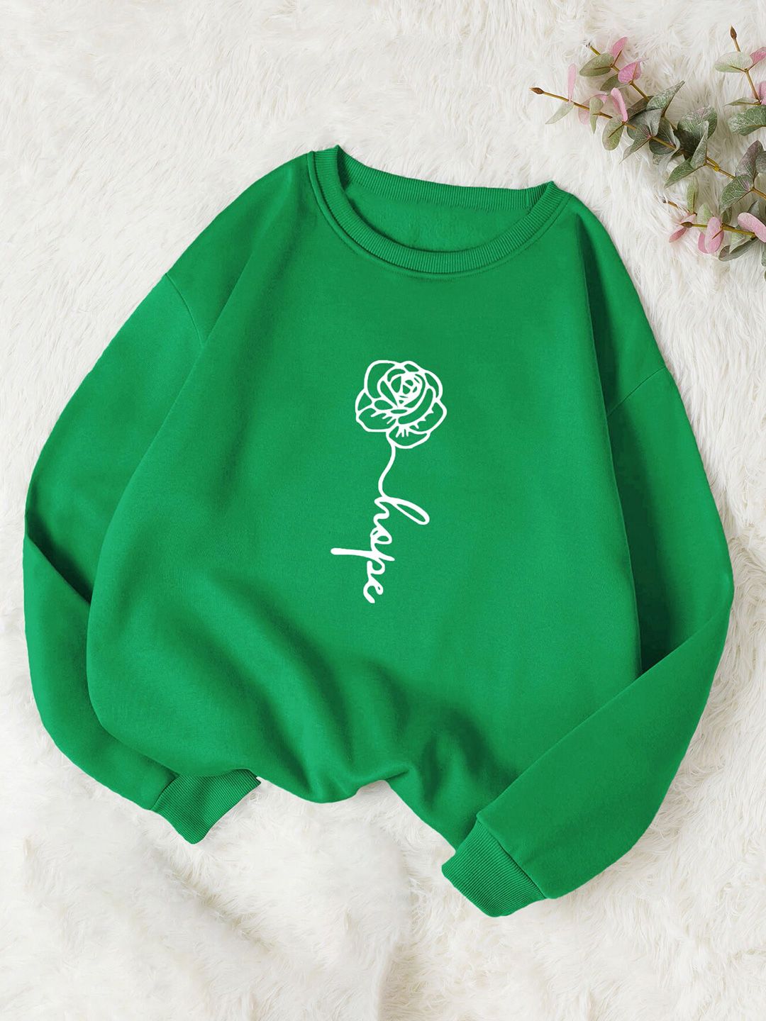 Kotty Green Typography Printed Long Sleeves Fleece Pullover Sweatshirt