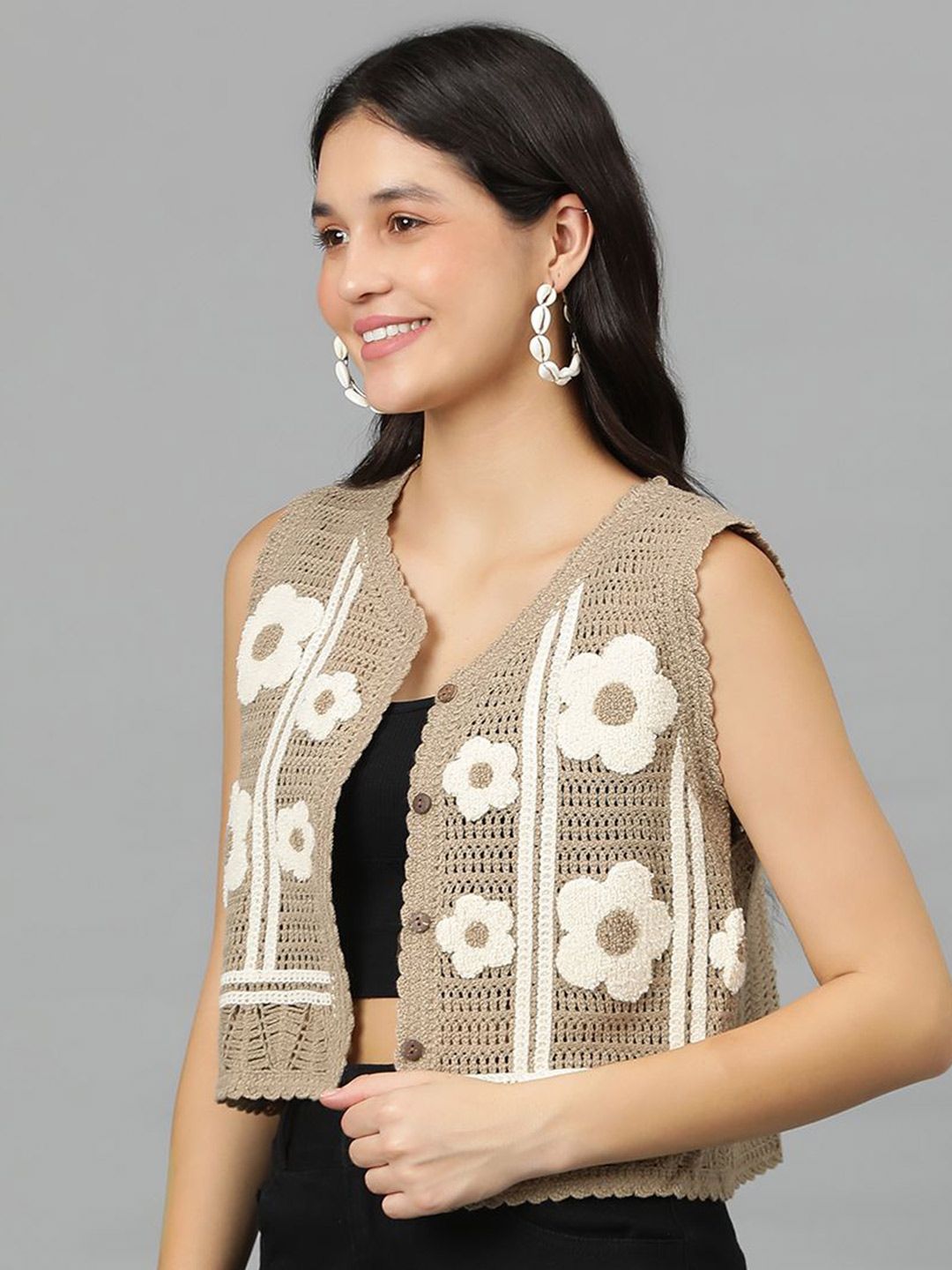 Kotty Floral Self Design Crochet V-Neck Crop Top