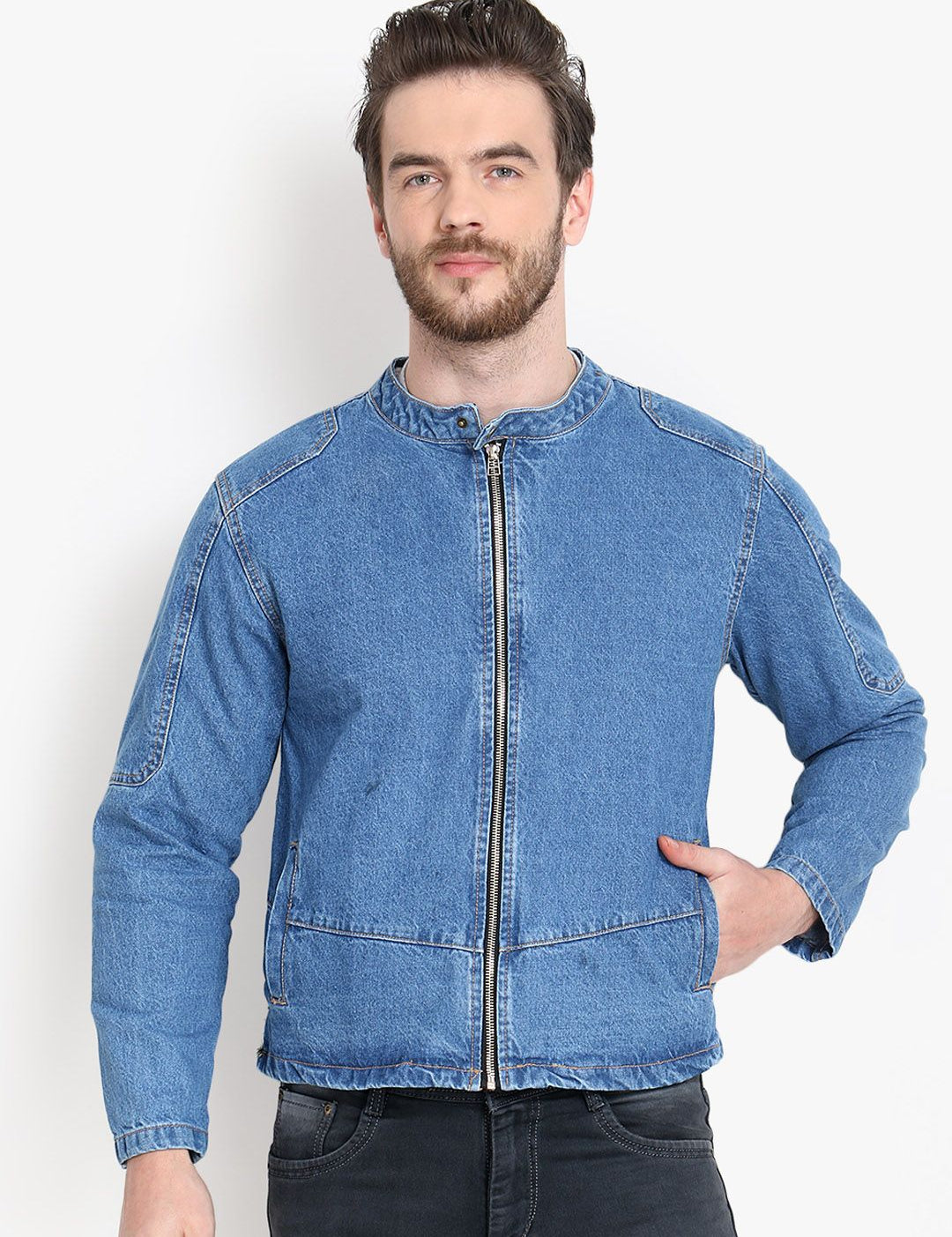 Kotty Men Blue Solid Denim Jacket