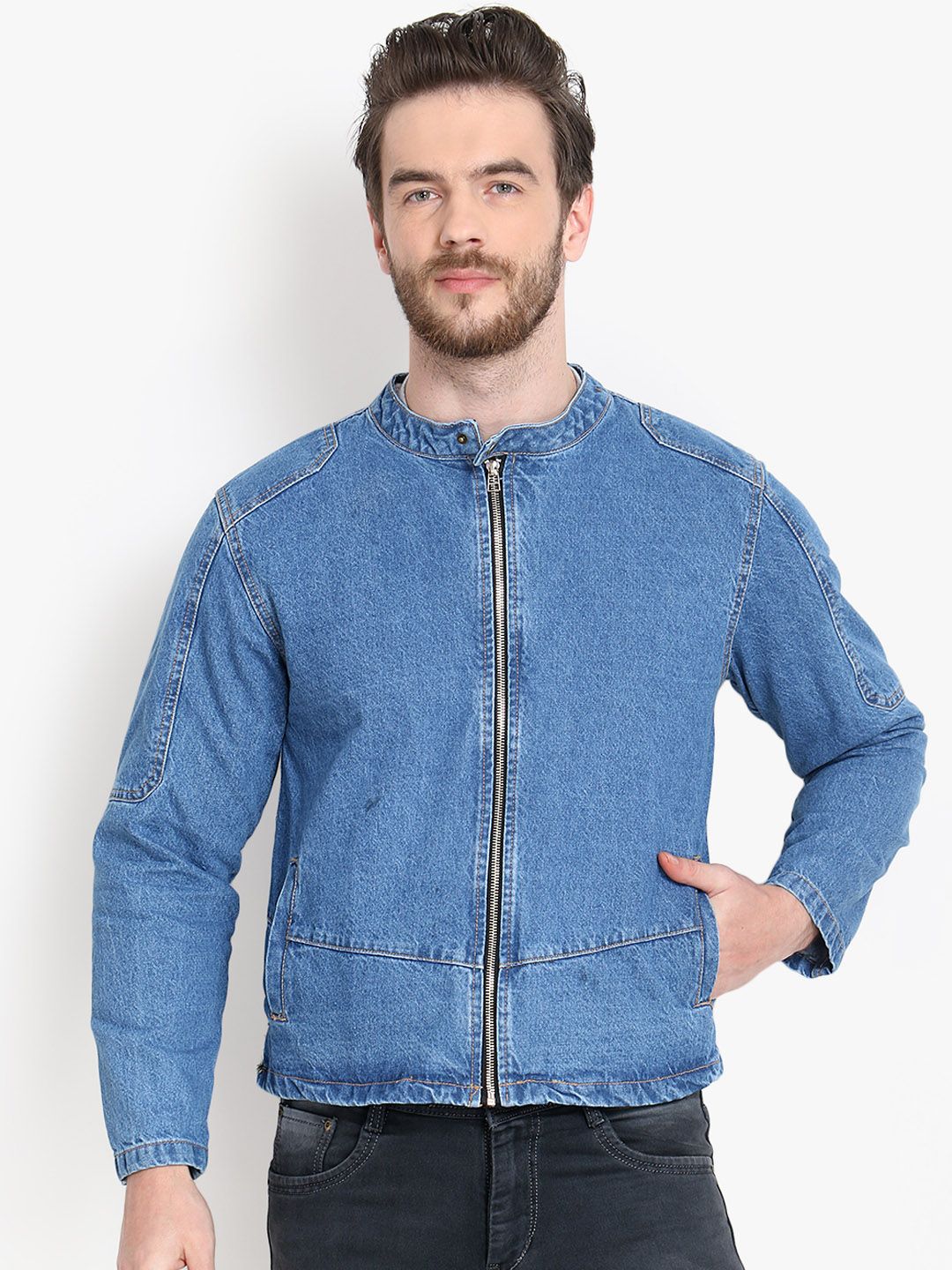 Kotty Men Blue Solid Denim Jacket
