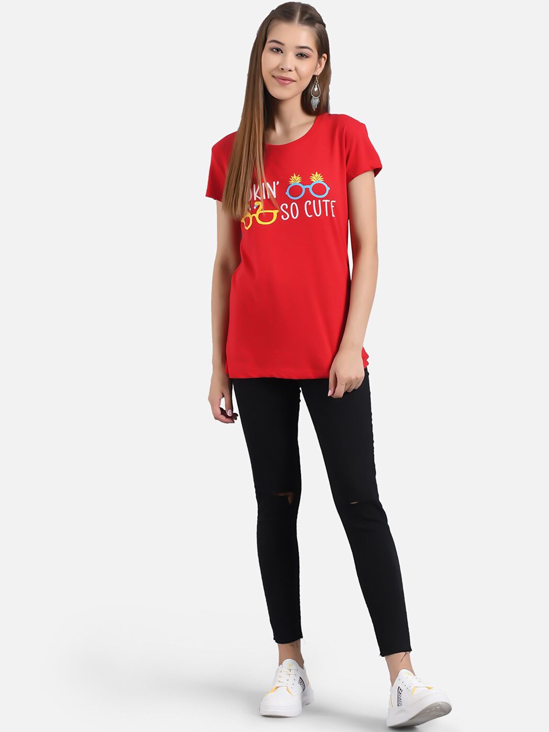 Kotty Women Pack Of 2 Red & Pink Printed Round Neck T-shirts